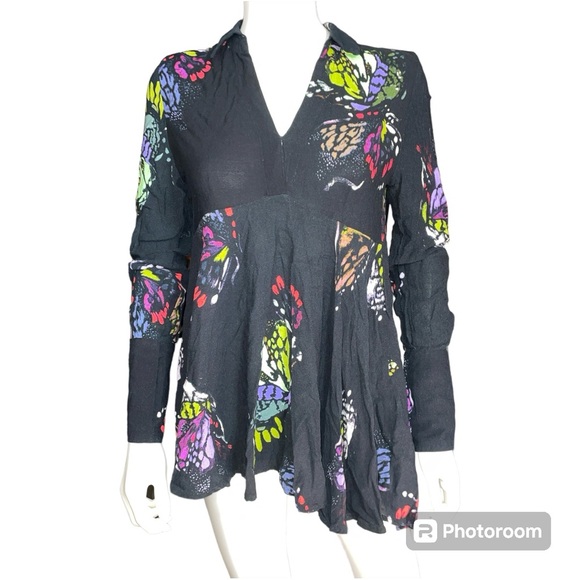 Free People Field of Butterflies Tunic Top Boho Long Sleeve Black Size XS - Picture 2 of 9